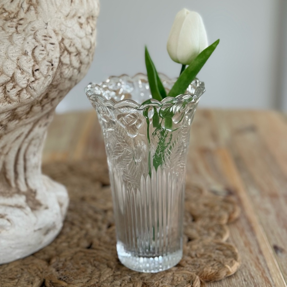 Vintage Borgonova Glass Vase Rose Pattern Italian Pressed Glass